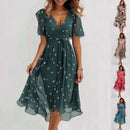 Chiffon Printed Short Sleeve Dress Summer Elegant V-neck Dresses Womens Clothing - Addy Mart