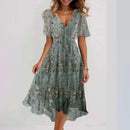 Chiffon Printed Short Sleeve Dress Summer Elegant V-neck Dresses Womens Clothing - Addy Mart