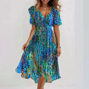 Chiffon Printed Short Sleeve Dress Summer Elegant V-neck Dresses Womens Clothing - Addy Mart