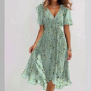 Chiffon Printed Short Sleeve Dress Summer Elegant V-neck Dresses Womens Clothing - Addy Mart