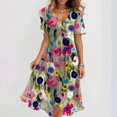 Chiffon Printed Short Sleeve Dress Summer Elegant V-neck Dresses Womens Clothing - Addy Mart