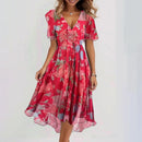 Chiffon Printed Short Sleeve Dress Summer Elegant V-neck Dresses Womens Clothing - Addy Mart