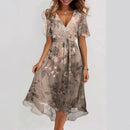 Chiffon Printed Short Sleeve Dress Summer Elegant V-neck Dresses Womens Clothing - Addy Mart