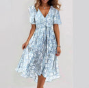Chiffon Printed Short Sleeve Dress Summer Elegant V-neck Dresses Womens Clothing - Addy Mart