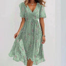 Chiffon Printed Short Sleeve Dress Summer Elegant V-neck Dresses Womens Clothing - Addy Mart