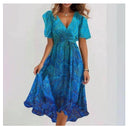 Chiffon Printed Short Sleeve Dress Summer Elegant V-neck Dresses Womens Clothing - Addy Mart